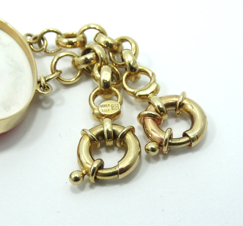 Thumbnail: Vintage PINK Conch Shell Carved 3 CAMEO 14k Gold ITALY "C" Double Link Bracelet