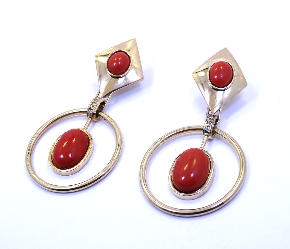 Thumbnail: Large Vintage SALMON CORAL & DIAMOND 18K Yellow Gold Dangle Earrings
