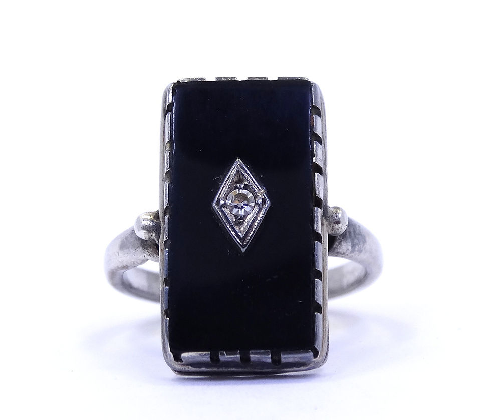 Thumbnail: Antique Art Deco CLARK & COOMBS Black Onyx DIAMOND Sterling Silver Ring s6