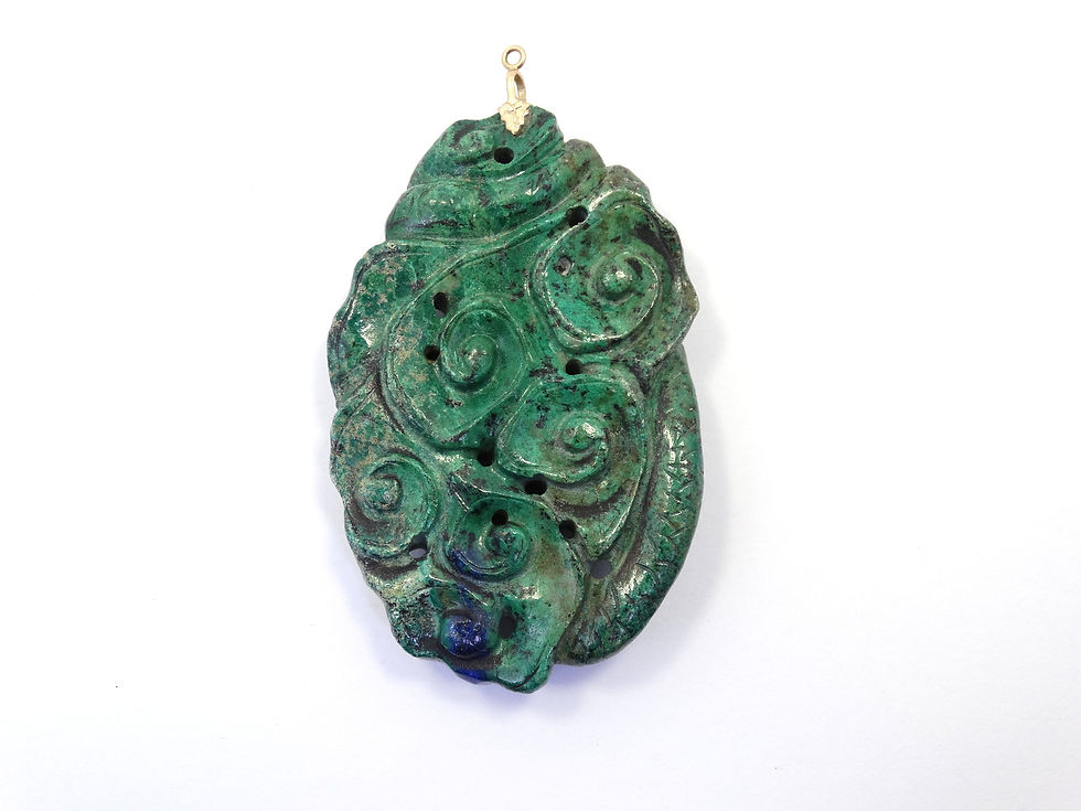 Thumbnail: Large Vintage Carved Green Blue AZURITE DRAGON 14k Gold Pendant