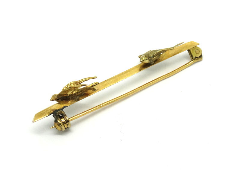 Thumbnail: Antique Victorian Era Double SWALLOW Birds Songbird 14k Gold Bar Brooch Pin
