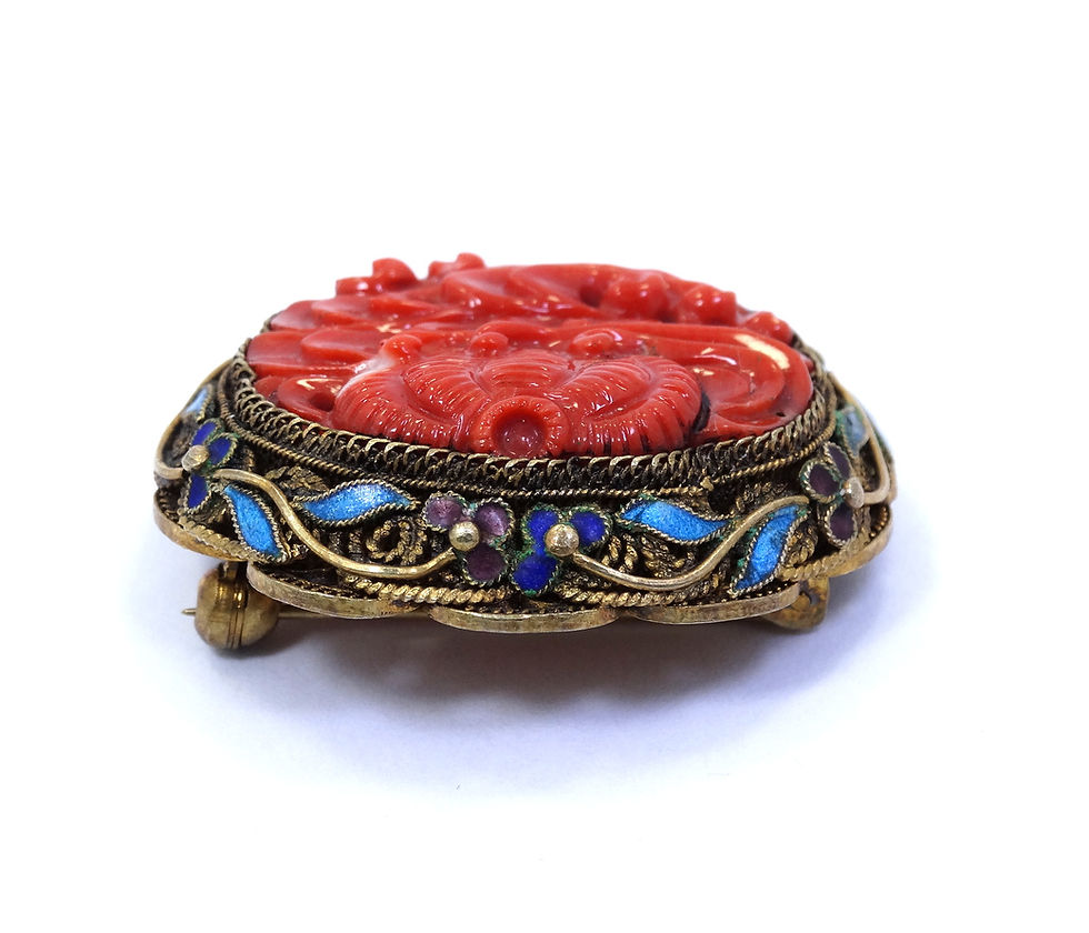 Thumbnail: Antique CHINESE EXPORT Carved DEEP RED CORAL Enamel Gold Gilt Silver Brooch