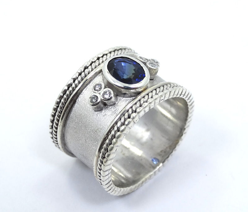 Elegant Quality SAPPHIRE & DIAMOND Sterling Silver WIDE Milgrain Cord Ring 8-1/4