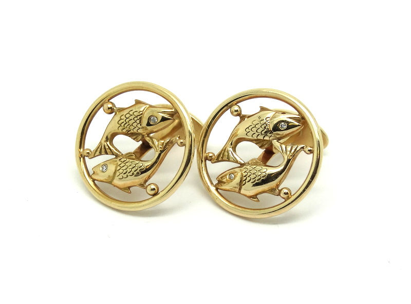Thumbnail: Vintage 14k Gold PISCES KOI Fish Diamond eyes Cufflinks