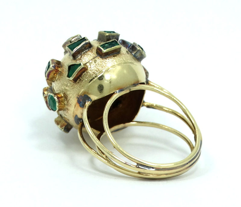 Thumbnail: Vintage Mid-Century MODERNIST Genuine Green EMERALD Yellow Gold DOME Ring