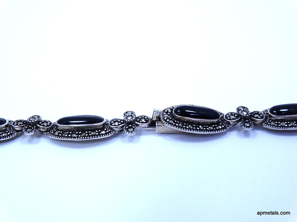 Thumbnail: Art Deco Style Black ONYX Marcasite 925 A Thai Sterling Silver Link Necklace 17"