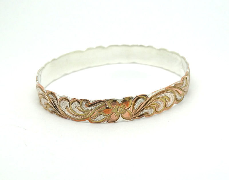 Thumbnail: Hawaiian Sterling Silver 7K Floral Bangle