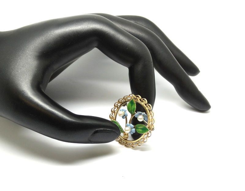 Thumbnail: Art Nouveau Gold Filled Enamel Pearl Floral Pin