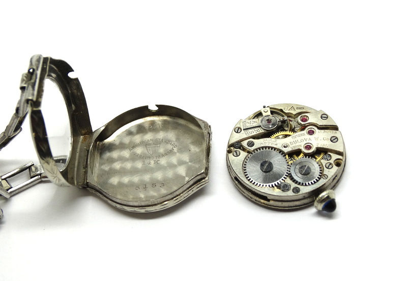 Thumbnail: Antique Art Deco BULOVA 14k White Gold Sapphire crown Swiss Winding Watch