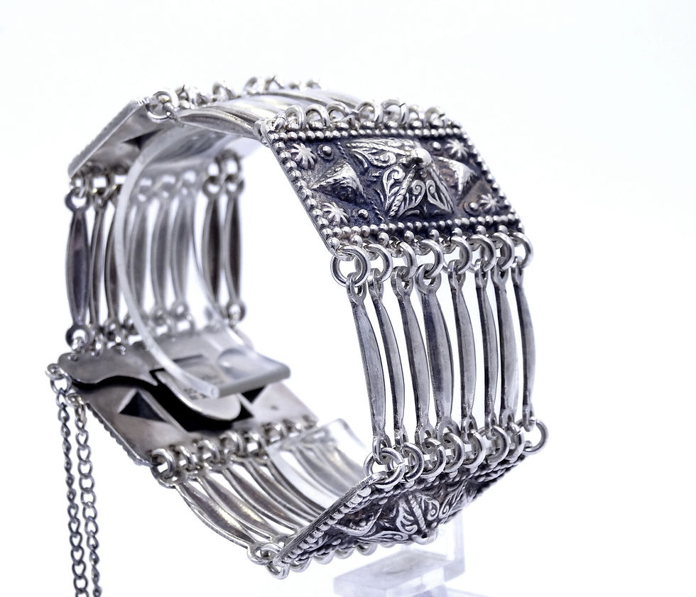 Thumbnail: Vintage 1940's Mexico WIDE Scroll Bar Fancy 8 Link Sterling Silver Bracelet 7.5"