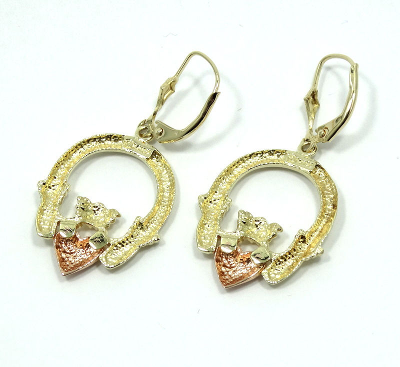 Thumbnail: Irish CLADDAGH 14K Two Toned Heart in Hands Dangle Earrings