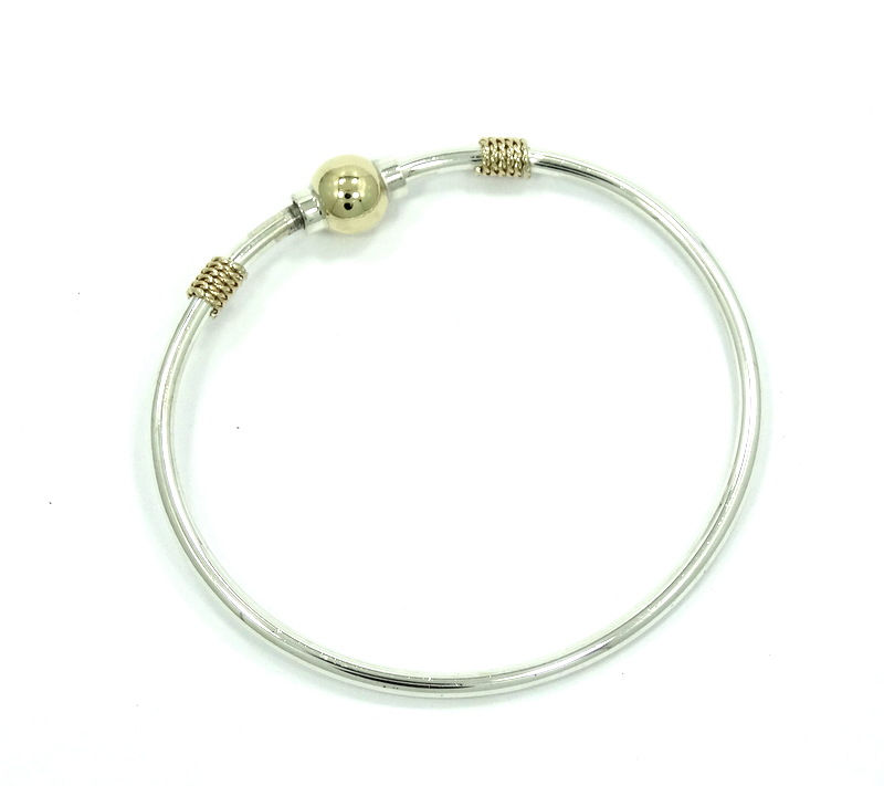 Thumbnail: Signed (GR) 14k Gold screw down Ball and rope accenting Sterling Silver Bangle