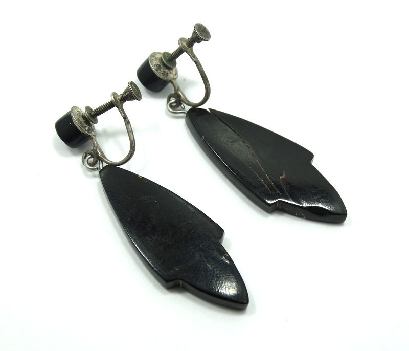 Thumbnail: Vintage 1950's Hawaiian Modernist BLACK CORAL 925 Silver Non-pierced Earrings