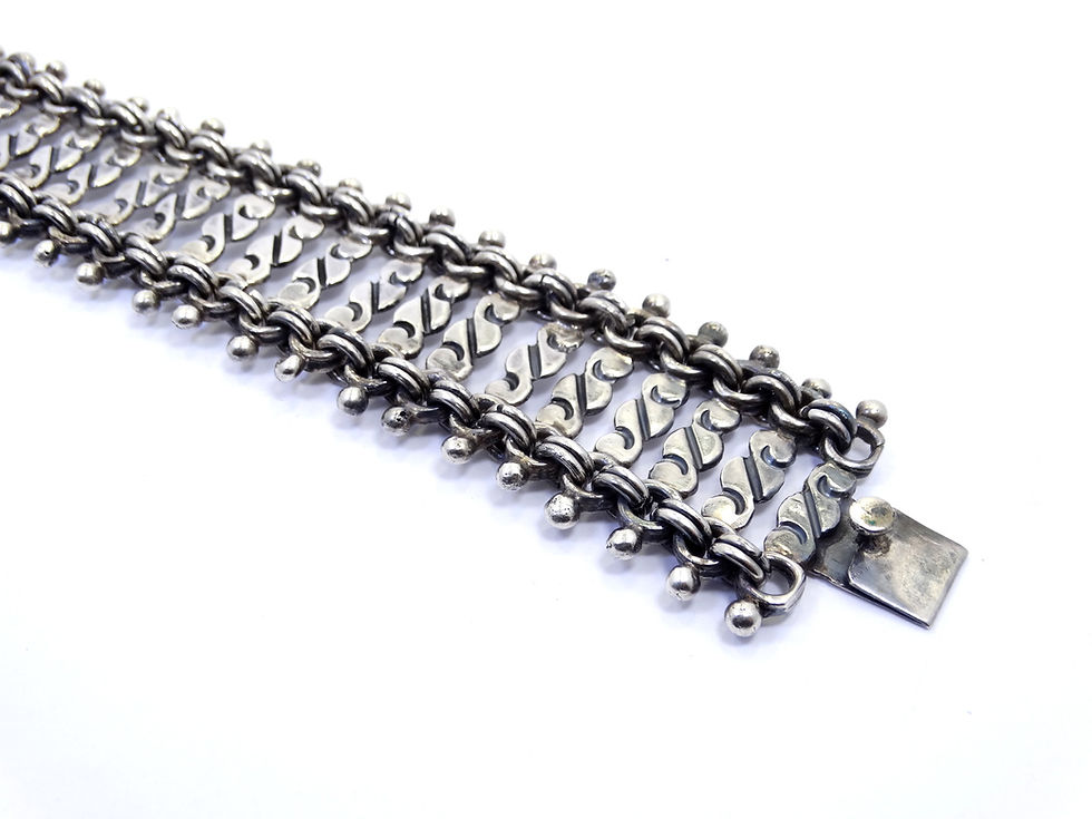 Thumbnail: Vintage Old Taxco Mexico Early Mid-Century Sterling Silver Wide Link Bracelet 7"