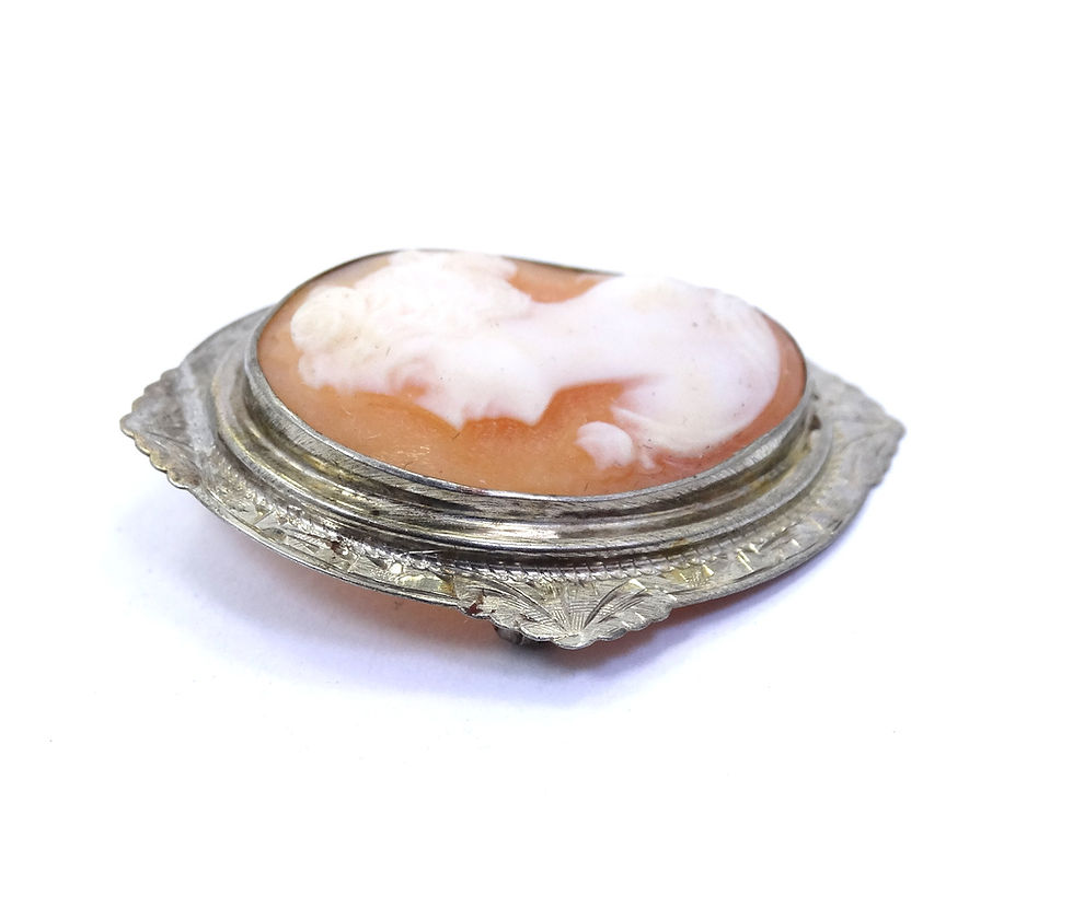 Thumbnail: Beautiful Antique Shell carved CAMEO lady etched 10K White Gold Brooch Pin