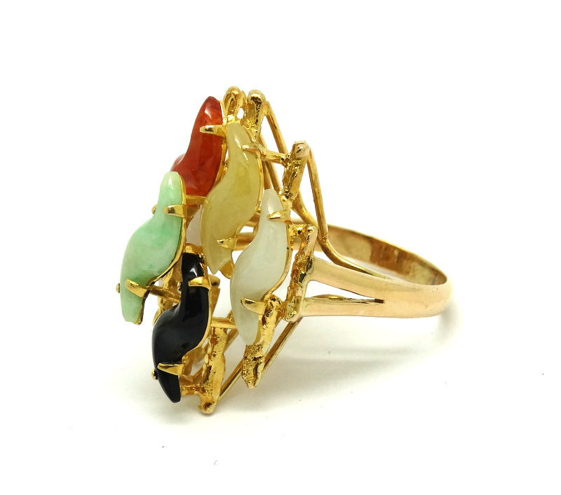 Thumbnail: Modernist Chinese Multi Color Wavy Carved JADE Jadeite 14k Gold Ring s.5