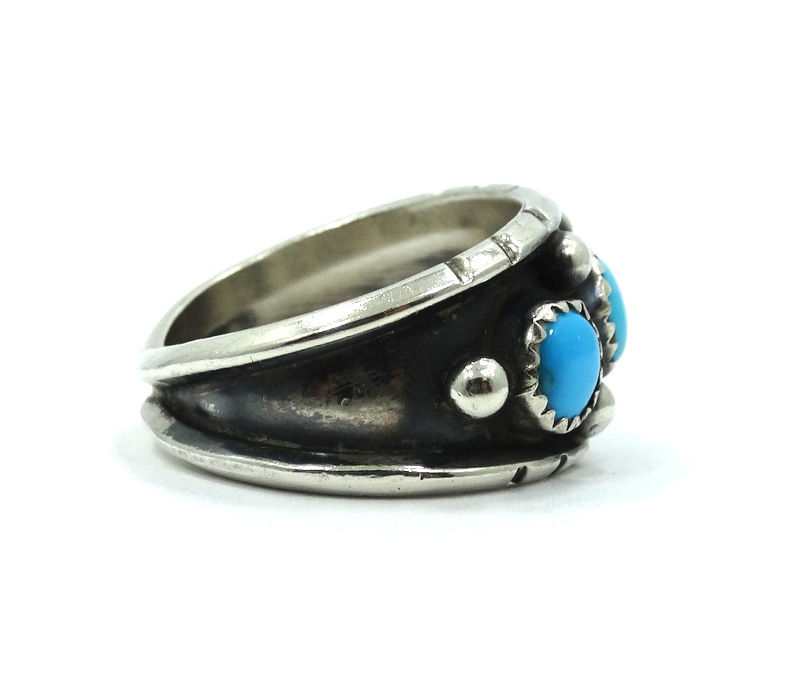Thumbnail: Vintage OLD PAWN Native American Navajo 3 Turquoise Sterling Silver Ring 8-1/4