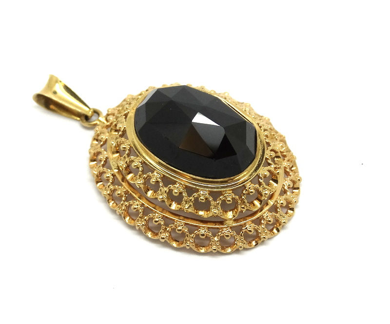 Thumbnail: Victorian Style Pomegranate Rose cut GARNET 14K Gold Filigree Pendant