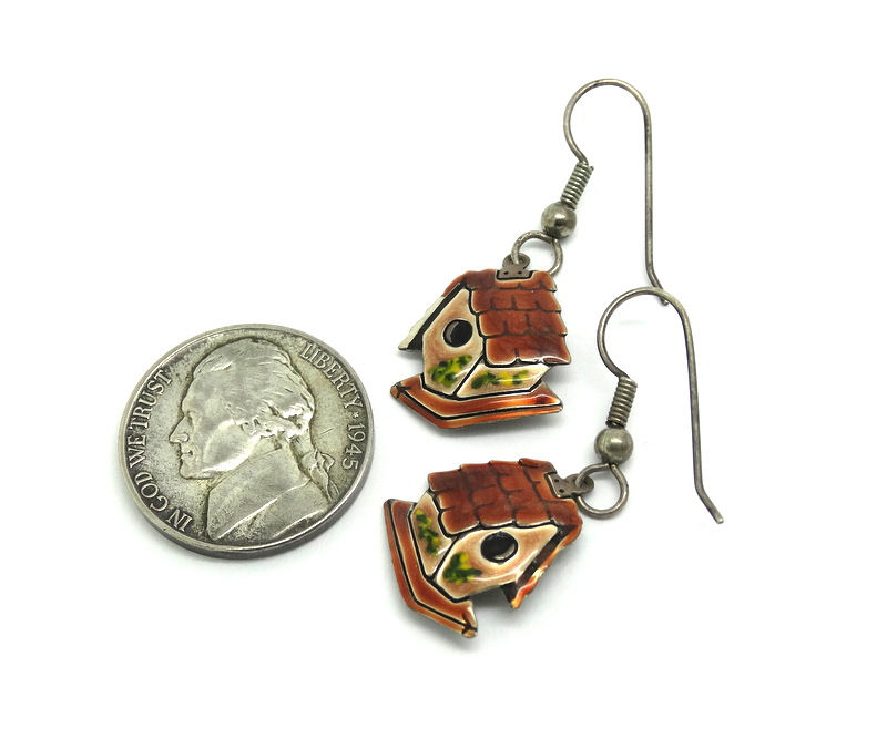 Thumbnail: Vintage Multi-color Enamel Bavarian BIRDHOUSE Silver toned Dangle Earrings