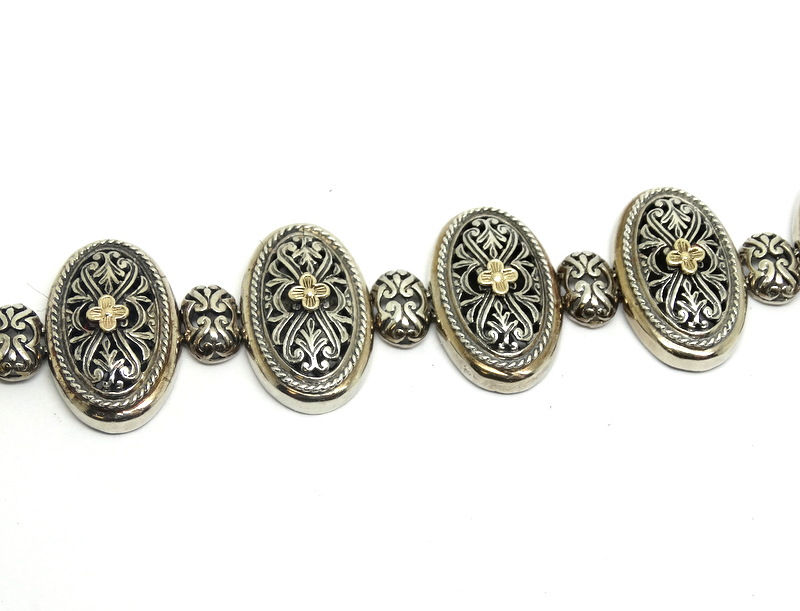 Thumbnail: Unsigned 14k Solid Gold Flower & Sterling Silver Floral Filigree Bracelet