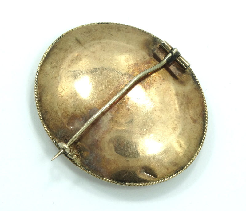 Thumbnail: Victorian Gold Shell, Hair on Blue Cloth MOURNING Brooch Pin