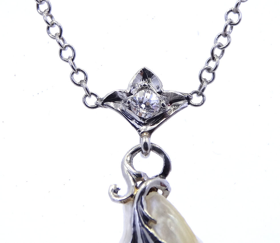 Thumbnail: Antique Art Deco BAROQUE PEARL Lavalier 14k White Gold DIAMOND Necklace 18"
