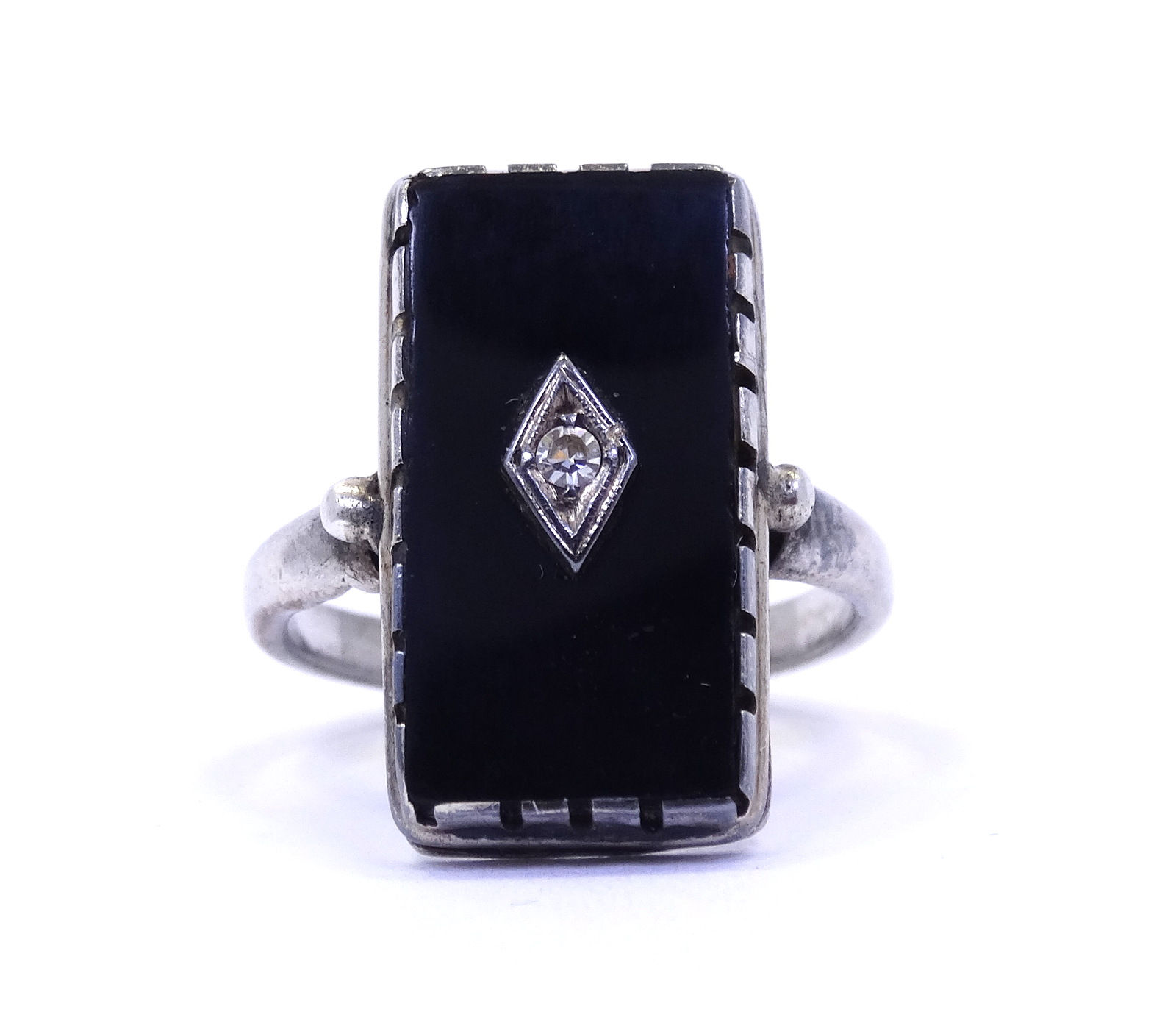 Antique Art Deco CLARK & COOMBS Black Onyx DIAMOND Sterling Silver Ring s6