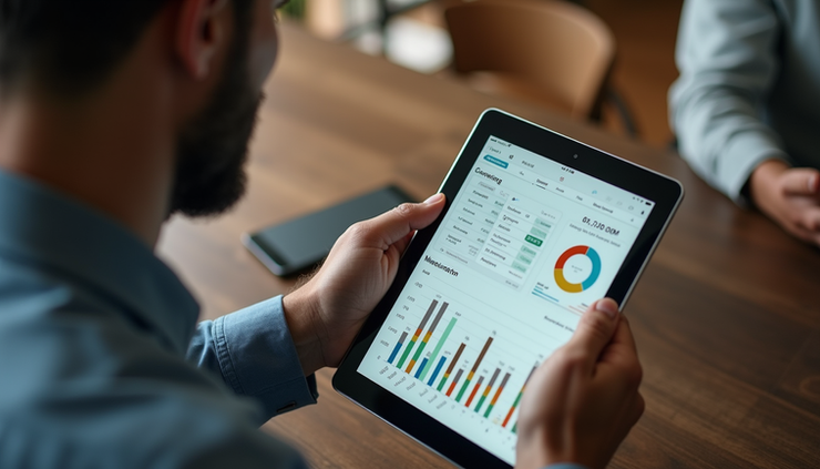 High angle view of a restaurant owner reviewing business reports and analytics on a tablet