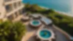 High angle view of a scenic hotel terrace overlooking the ocean