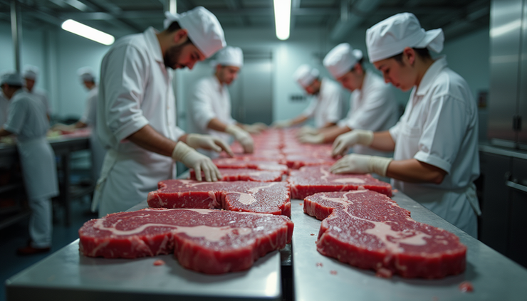 Eye-level view of a meat packing plant with workers processing beef cuts