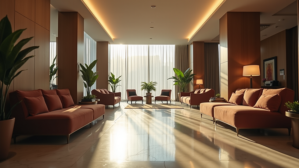 Eye-level view of a hotel lobby with modern decor and comfortable seating