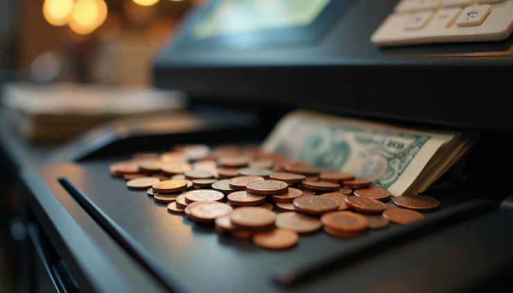 Close-up view of a restaurant cash register showing coins and bills