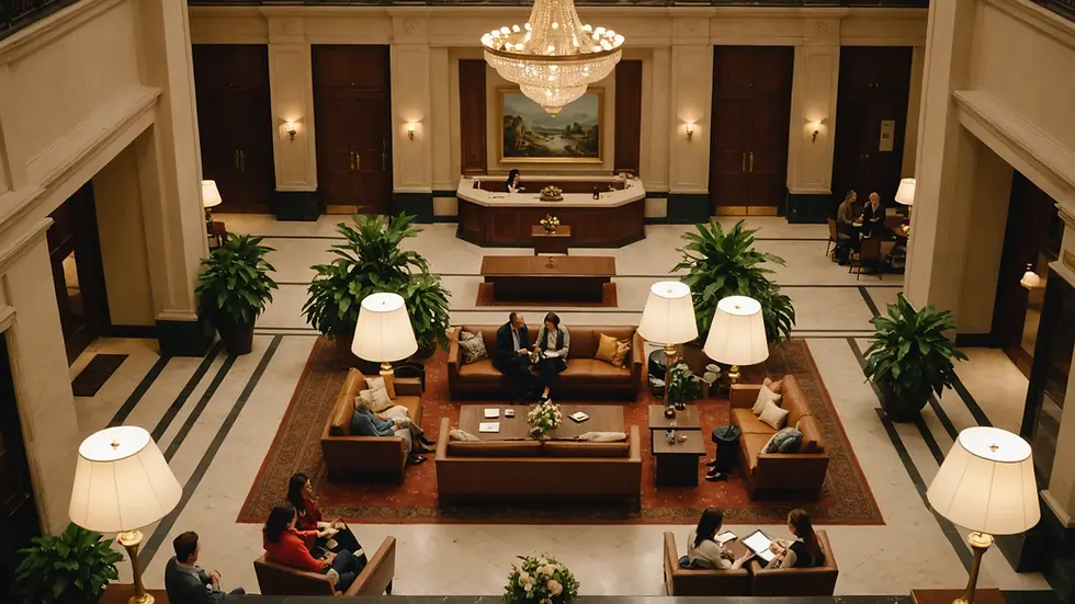 High angle view of a cozy hotel lobby with tourists checking in at the reception