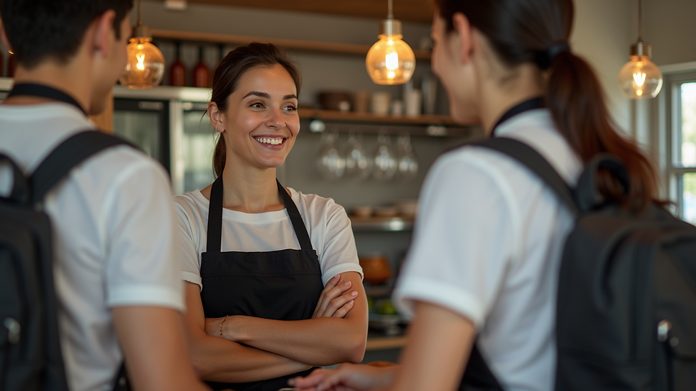Eye-level view of a restaurant staff member serving a customer