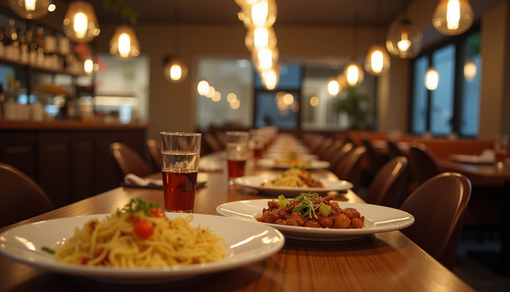 Eye-level view of a modern restaurant interior with a cozy atmosphere and well-presented dishes on tables