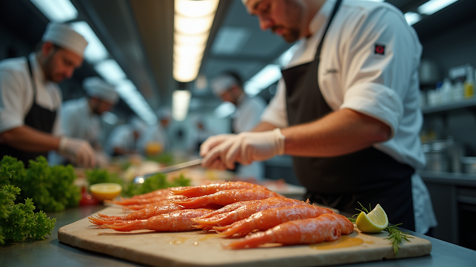 Eye-level view of a chef preparing fresh seafood in a bustling kitchen