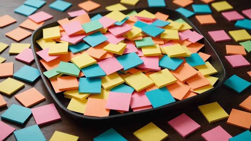 High angle view of a crowded pan filled with different colors of sticky notes