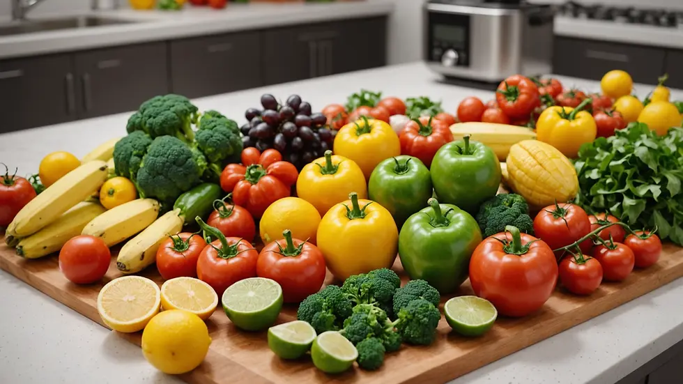 Close-up view of a colorful array of fresh ingredients on a kitchen counter