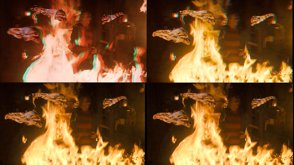 Freddy's Dead: The Final Nightmare 3D sequence - freddy demons in fire - comparison stereoscopic images 2d to 3D conversion vs anaglyph blue red source