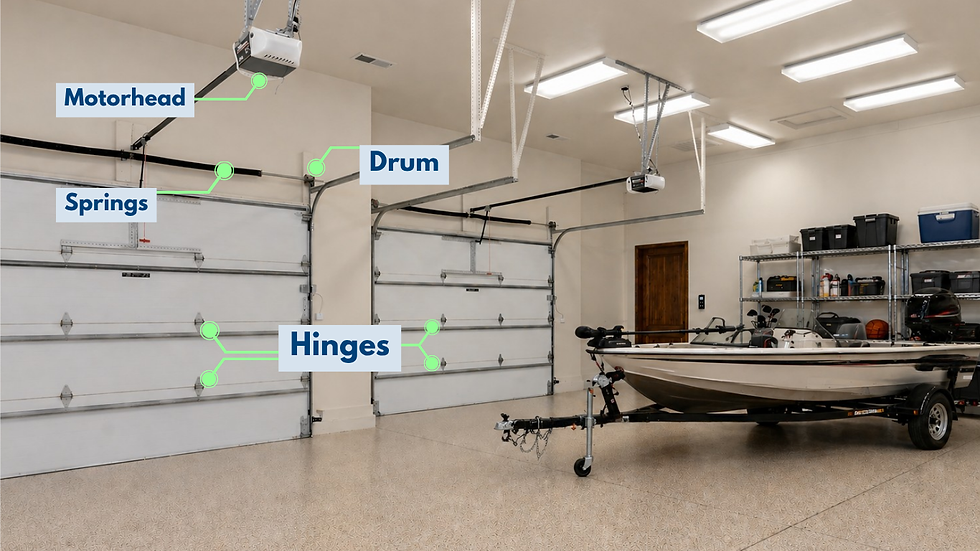 A two door garage system with labeled parts including motorhead, springs, drum, and hinges.