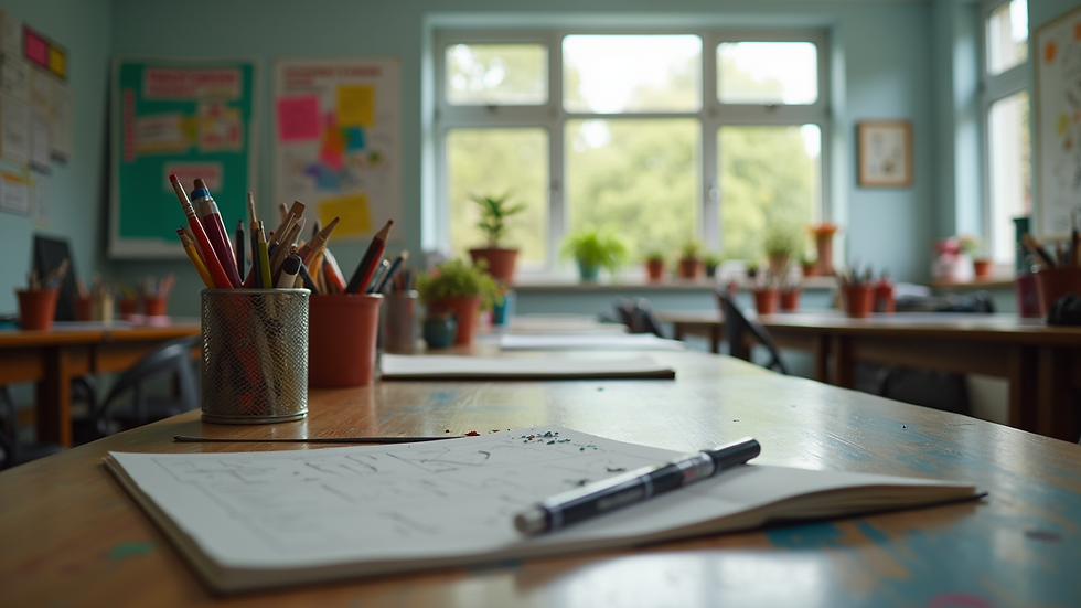 Eye-level view of a classroom filled with art supplies