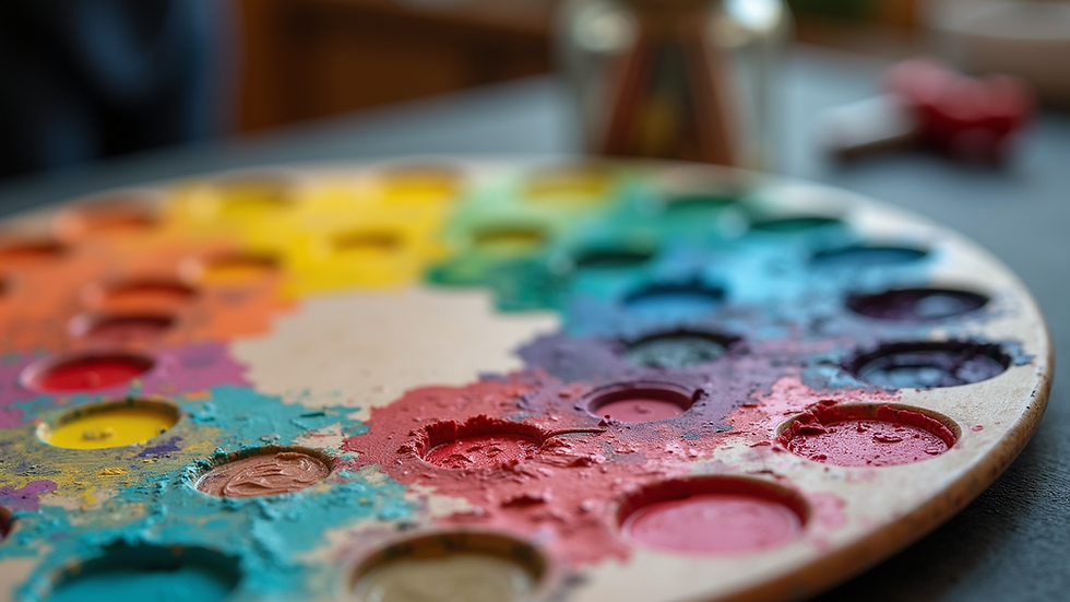 Close-up view of an artist's palette filled with bright colors