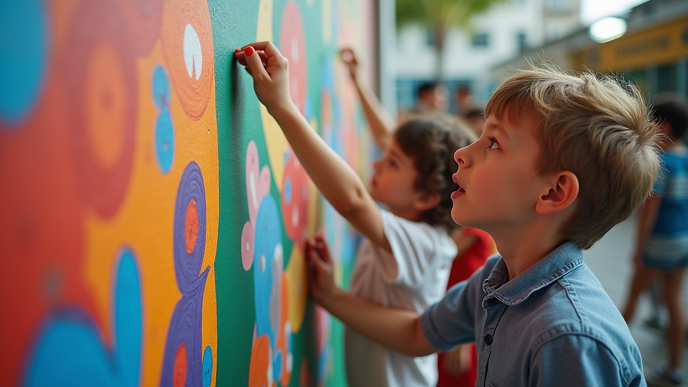 High angle view of children collaborating on a mural