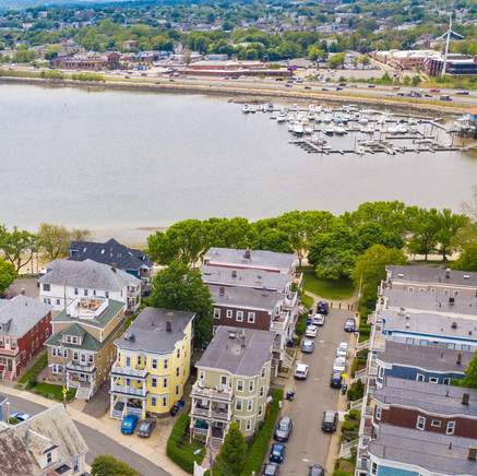 drone shot of dorchester and ocean views