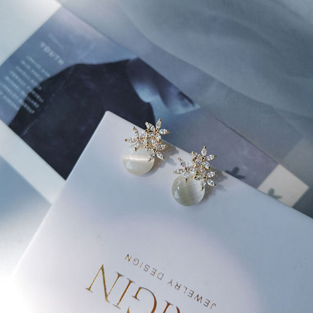 Thumbnail: Flower Rhinestones Opal Stud Earrings for Women Small Exquisite Sweet Advanced E