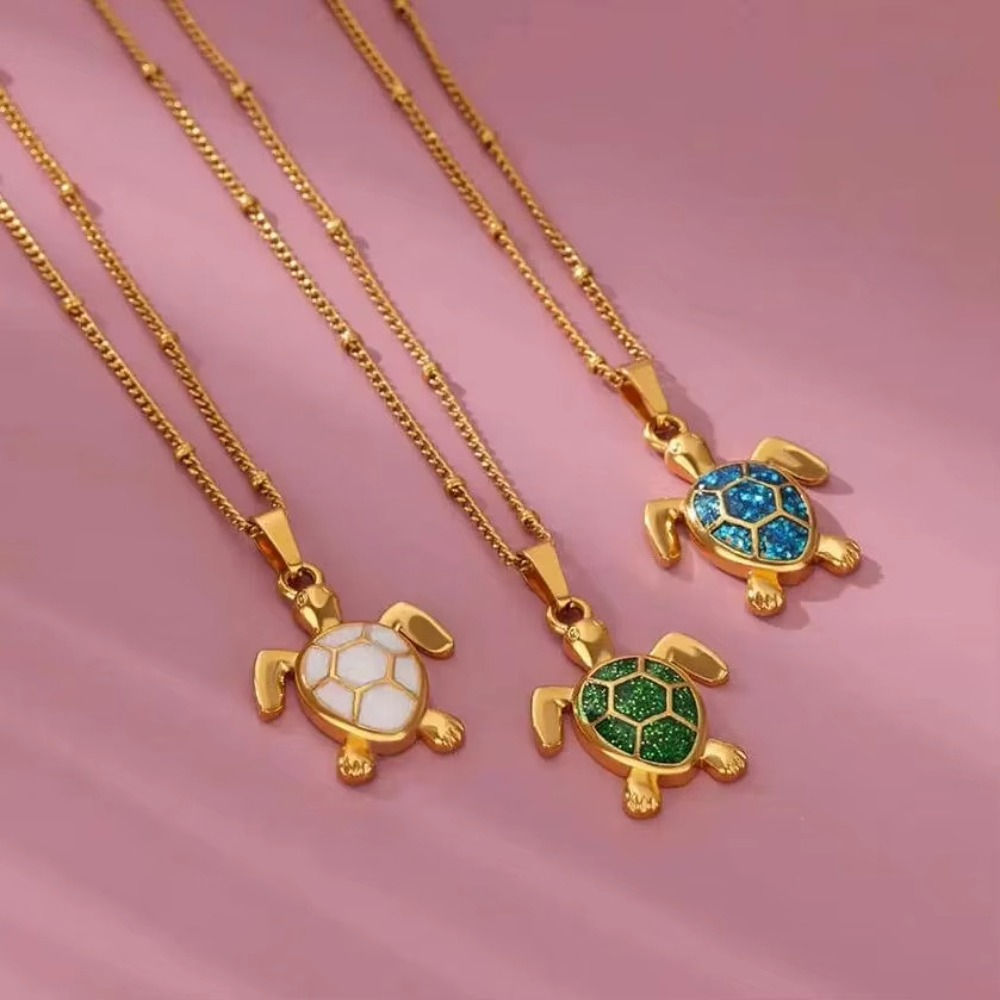 Exquisite Trend Gold Color Stainless Steel Simulation Green Sea Turtle Zircon Pe