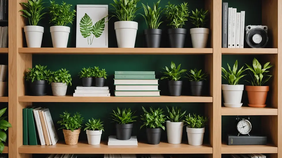 Close-up view of a neatly organized book shelf with green plants