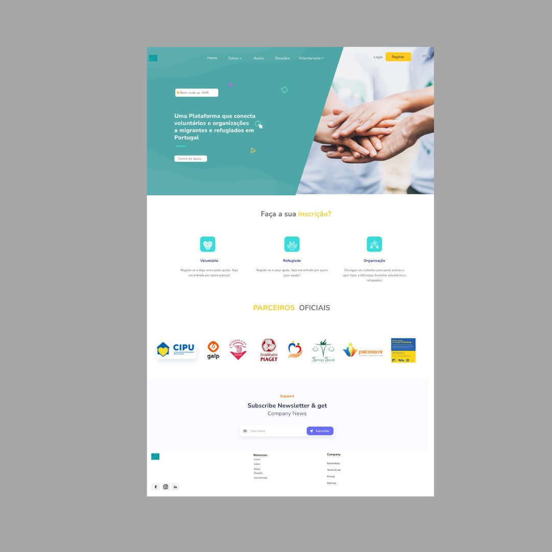 Design e copywriting estratégico para landing page de projeto de voluntariado, desenvolvidos por Sofia Duarte Design.
