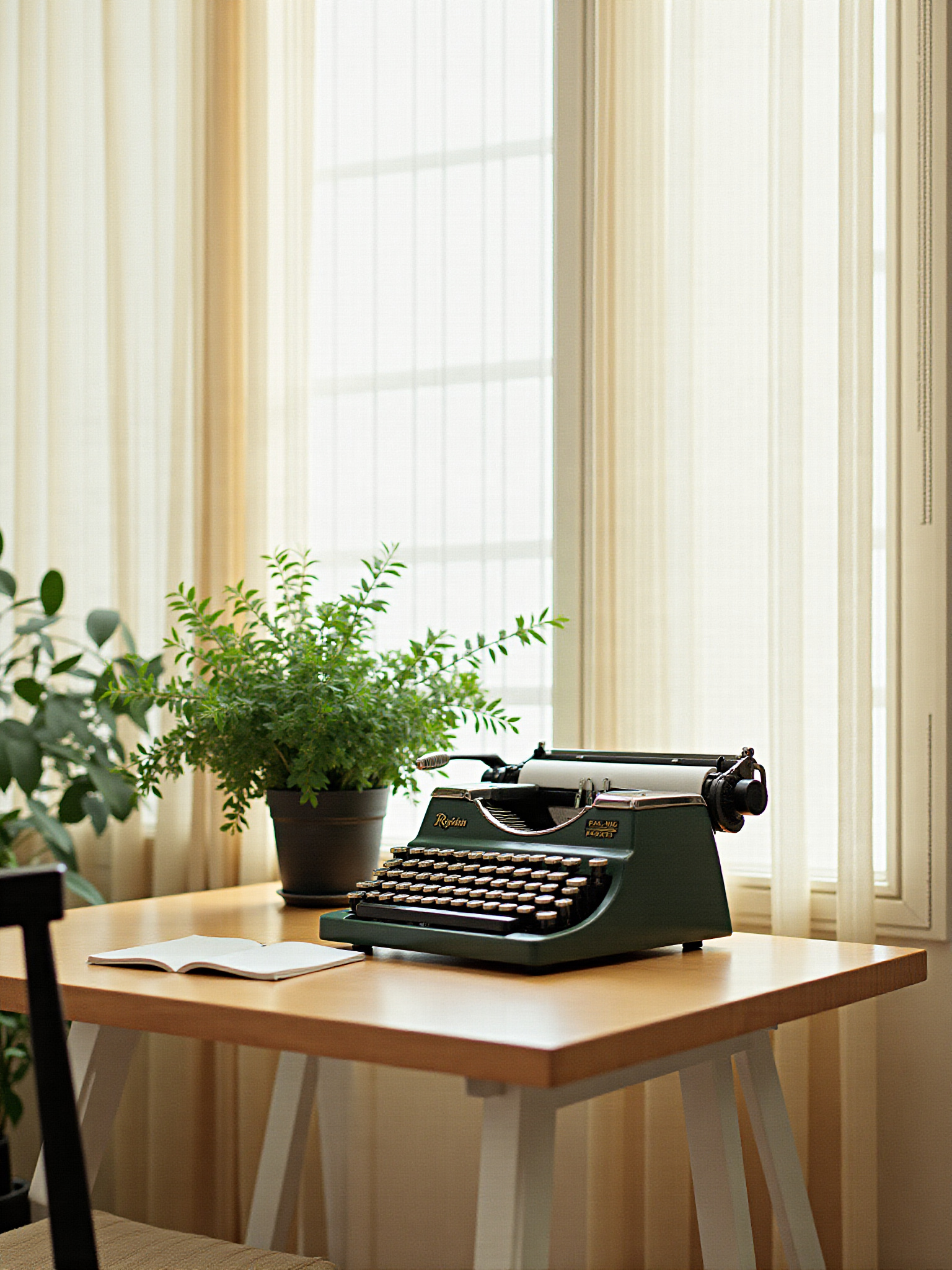 Green typewriter on a wooden desk near a window and plants.