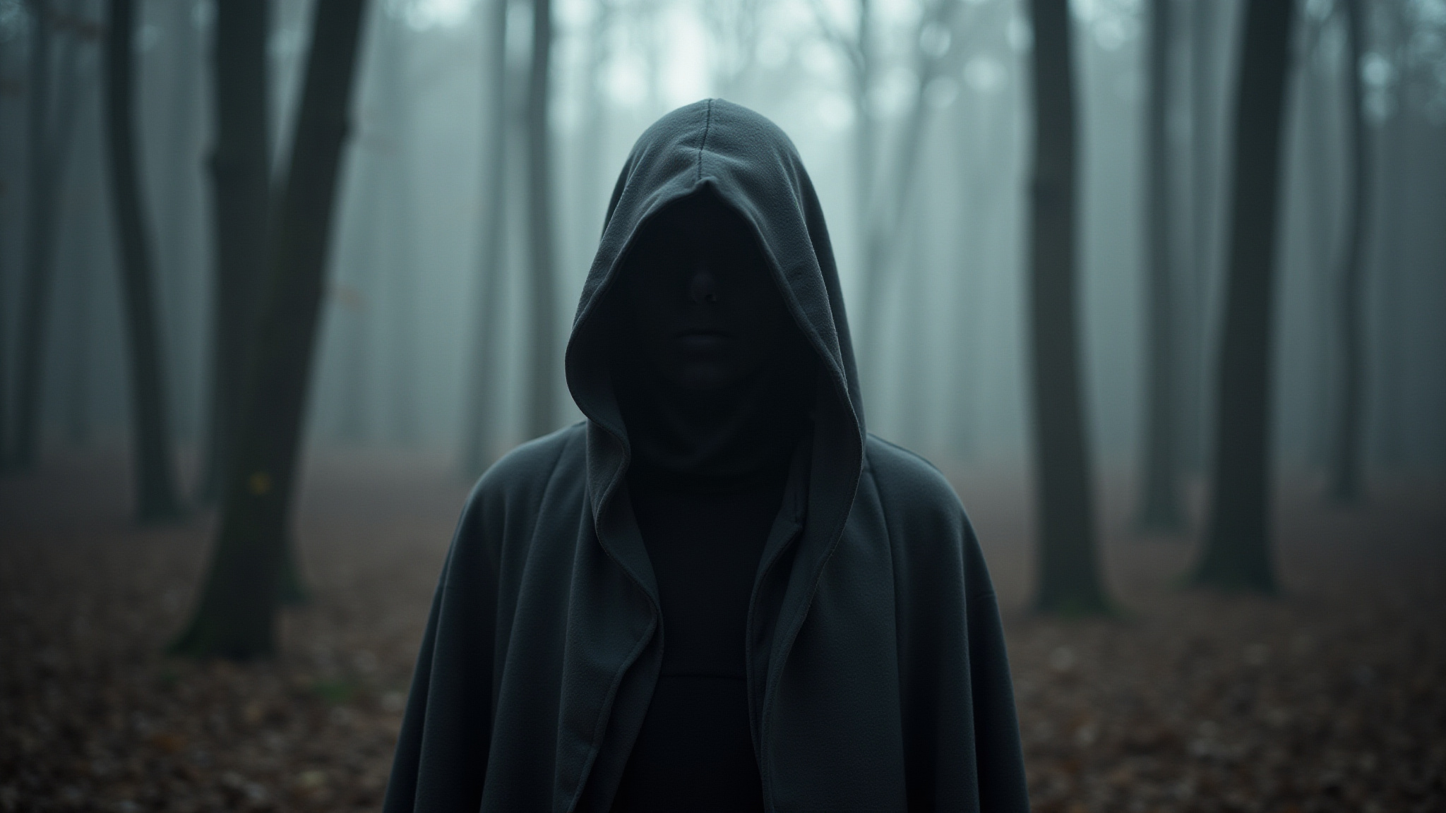 Mysterious figure in hooded cloak stands in foggy forest with trees visible.